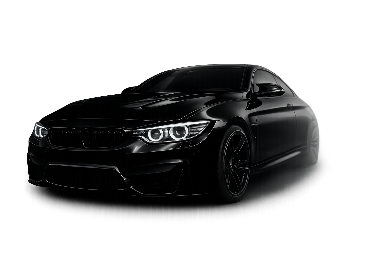 A sleek black luxury car in a dark setting with colorful neon light accents.