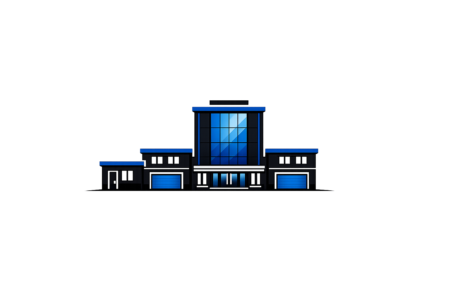 Digital illustration of a modern building with large glass windows, illuminated in blue, set against a dark cityscape background.