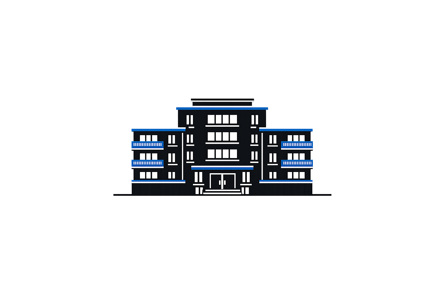 Digital illustration of a modern multi-story building with blue accents, set against an abstract, glitchy background with red, purple, and black colors.