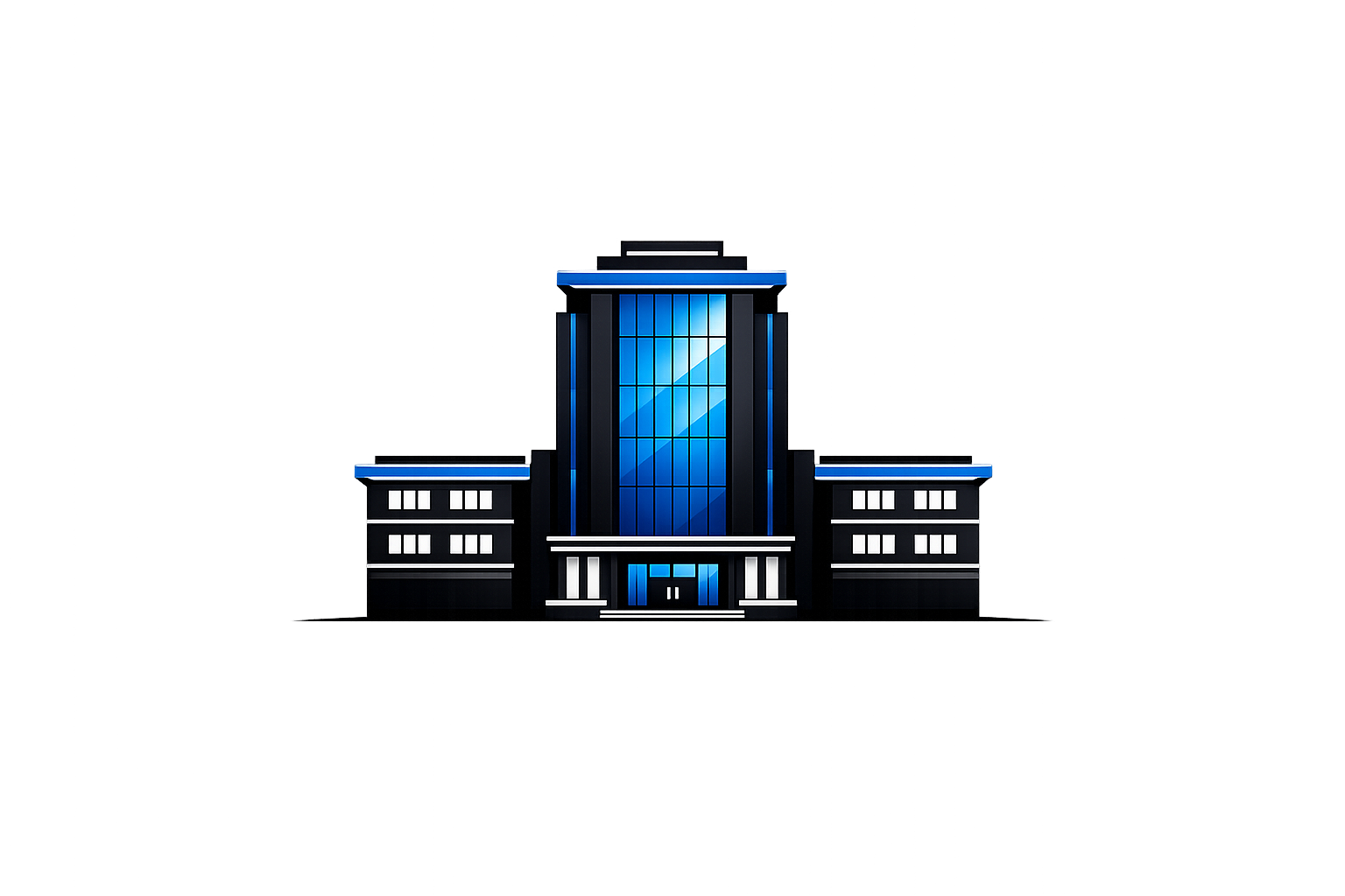 A digital illustration of a modern, illuminated skyscraper at night with a dark background and vibrant red and purple light accents.