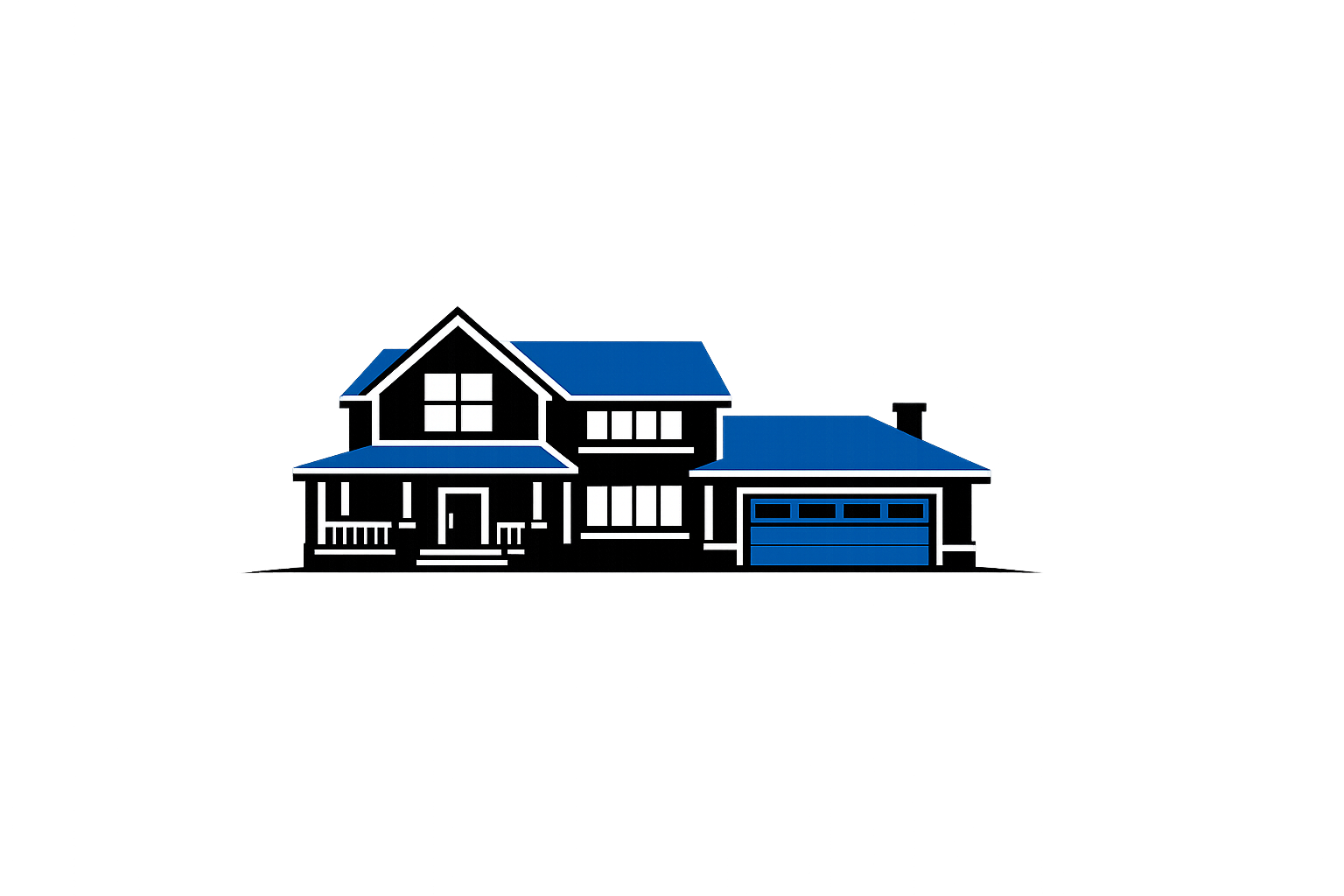 Digital illustration of a house with a blue roof, white windows, and a garage, illuminated against a black background.