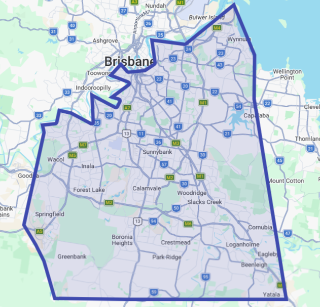 Map of Brisbane, Australia, with city boundaries outlined in blue, showing major roads and suburbs.