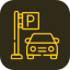 Icon of parking sign, car, and ticket dispenser