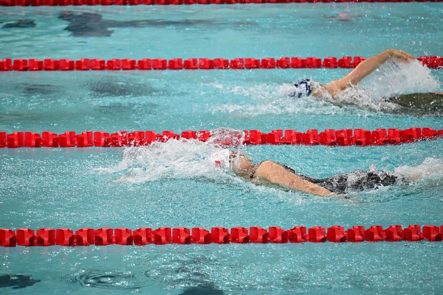 Two swimmers competing in a swimming race, doing freestyle stroke in a pool with red lane dividers.