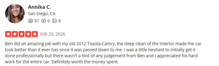 Profile review by Annika C. from San Diego, CA, dated Feb 23, 2026, praising Ben for cleaning a 2012 Toyota Camry's interior.