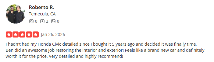 Customer review from Roberto R. in Temecula, CA, dated January 26, 2026, praising Honda Civic restoration, with a 5-star rating.