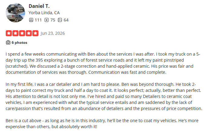 Review page with profile picture, star rating, date, trip details, and review text about vehicle service and paint correction.
