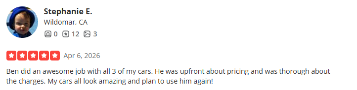 Customer review with profile picture, name, location, date, rating, and comment about a car service.