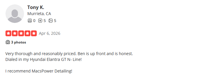 Customer review for a Hyundai Elantra GT N, mentioning the car is honest and reasonably priced, with high ratings and recommendation for MacPower Detailing.