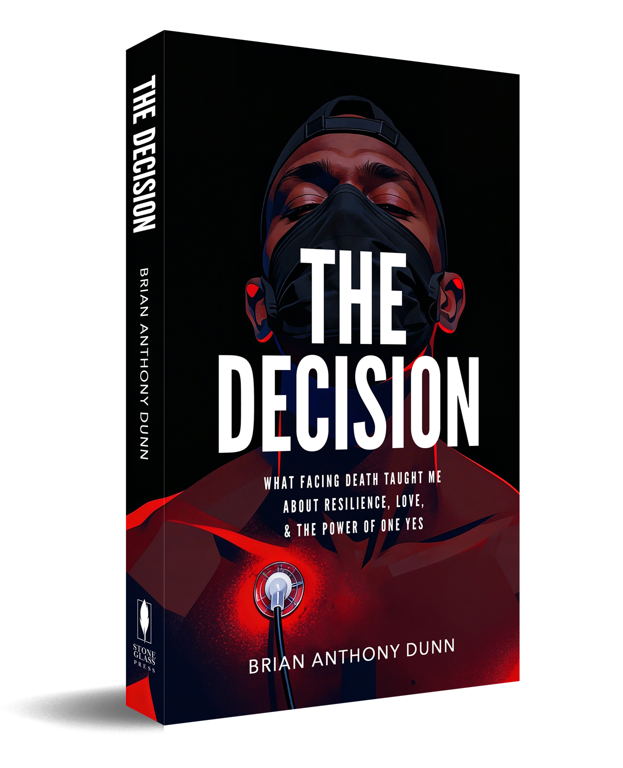 A book cover titled "The Decision" by Brian Anthony Dunn featuring a stylized illustration of a person wearing a face mask and headphones, with a red glowing symbol at the chest area.
