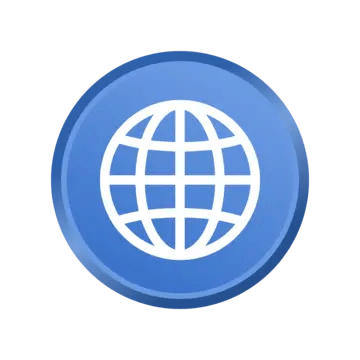 Blue circular icon with a white globe representing the internet or worldwide connectivity.