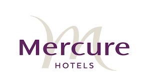 Mercure Hotels logo with purple text and beige decorative elements