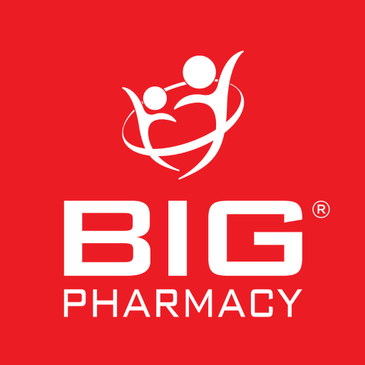Red background with white logo of two stylized human figures with outstretched arms, encircled by a swoosh, above the text 'BIG PHARMACY' in bold letters.