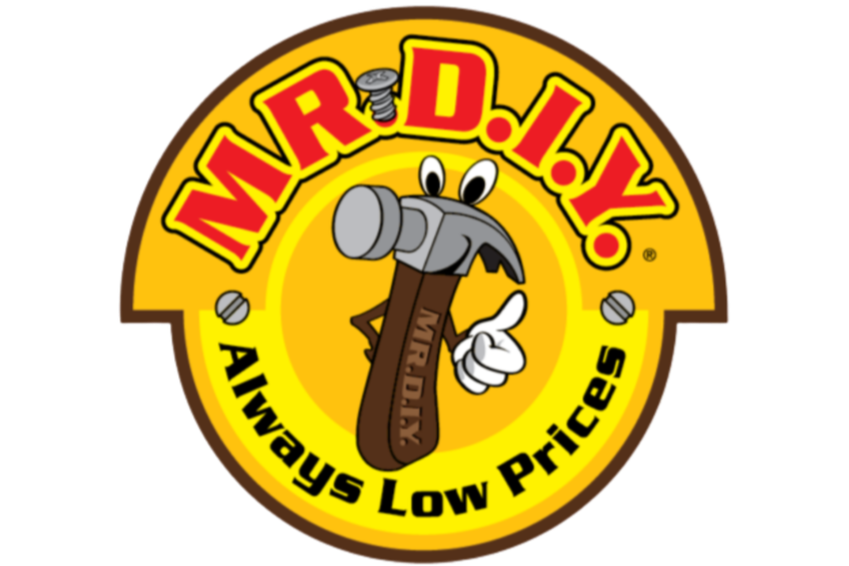 Logo for Mr. D.J.'s Always Low Prices featuring a cartoon hammer with eyes and a mouth, giving a thumbs-up, on a yellow background with red and black text.