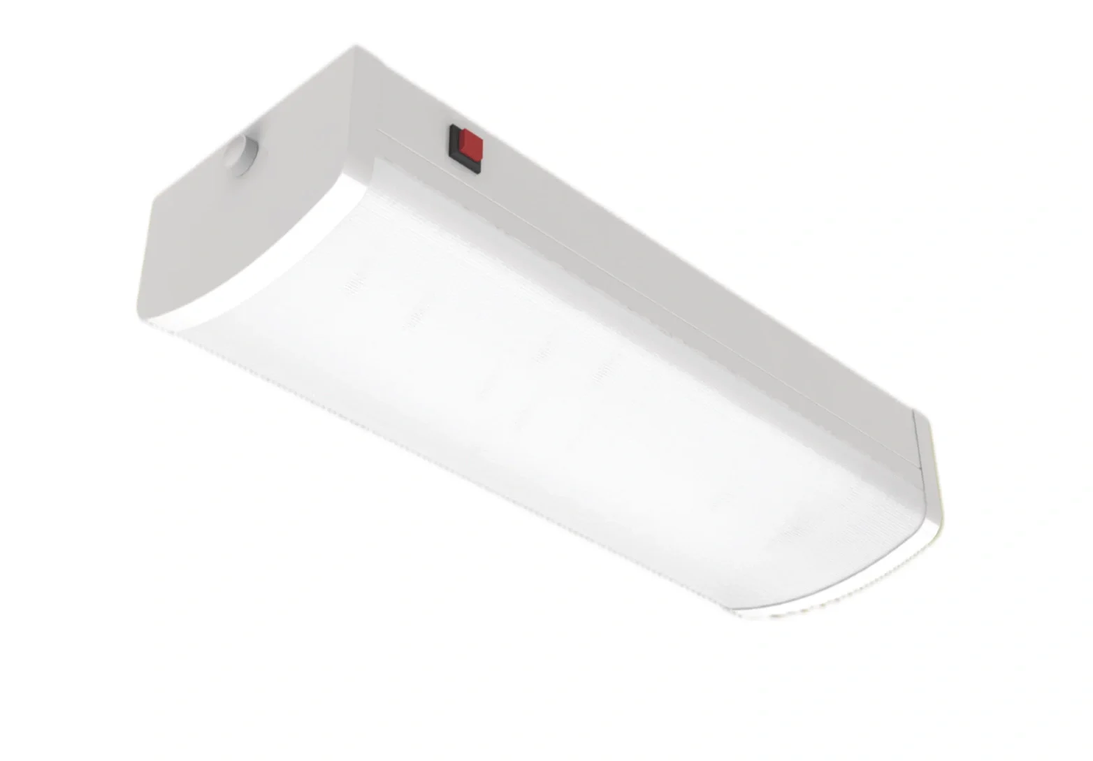 White rectangular LED ceiling light with a red and black switch button on one edge, viewed from below.