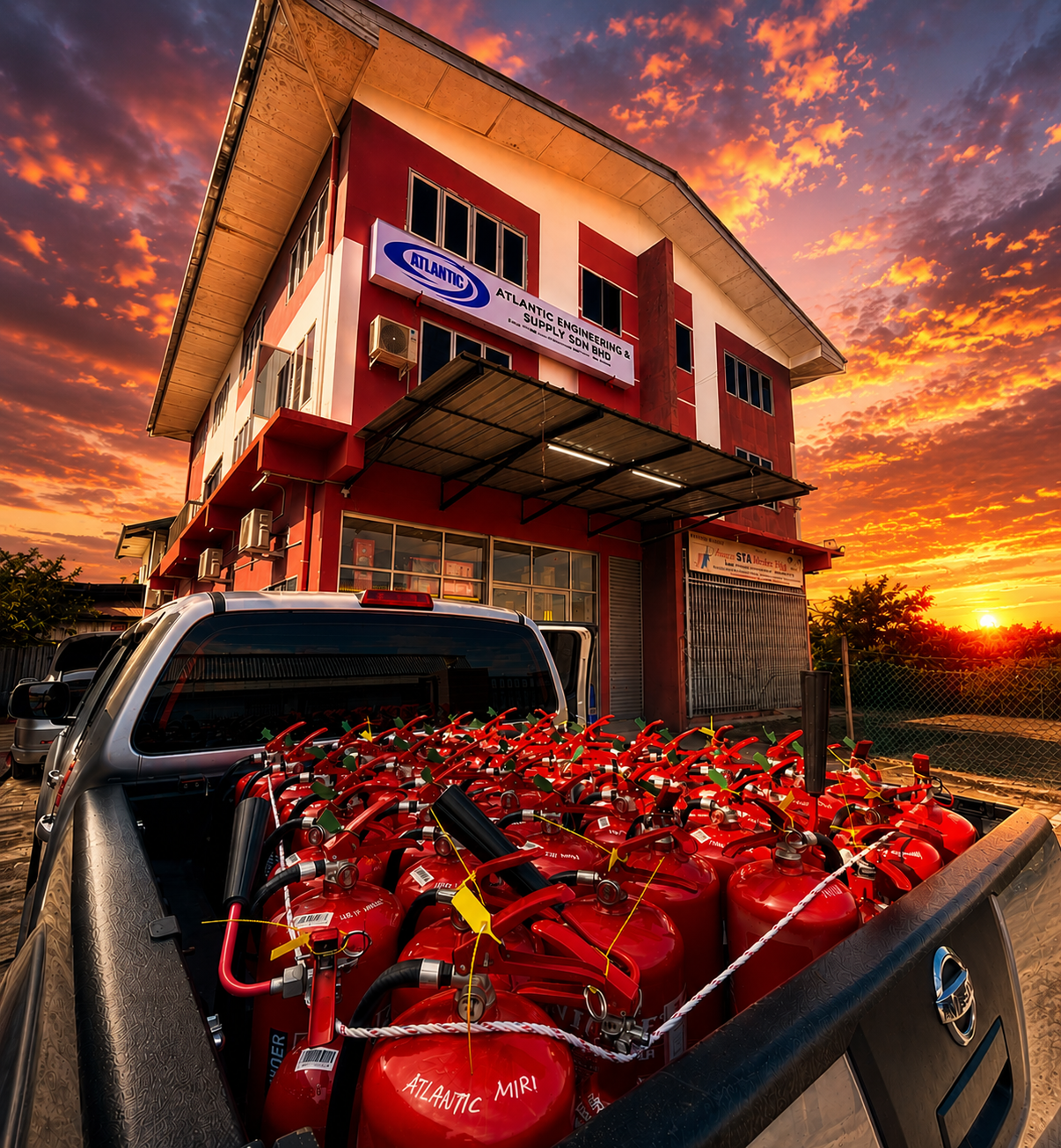 A pickup truck filled with many red fire extinguishers is parked in front of a red and white commercial building during a vibrant sunset sky.