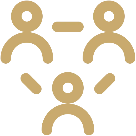 Gold outline graphic of three stylized figure icons connected by lines, symbolizing team or collaboration.