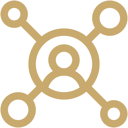 Gold outline graphic of a network node with a central circle connected to five surrounding circles by lines.