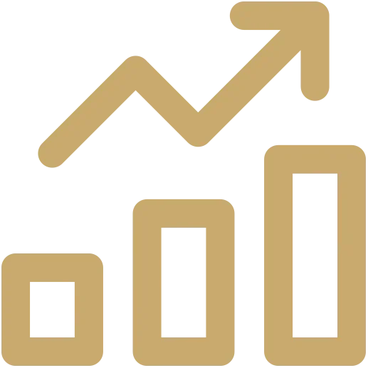 Gold outline graphic of a graph with a bar chart and an upward trending arrow indicating growth or increase.