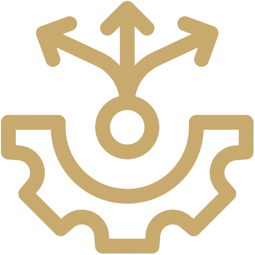 Gold outline graphic of a gear with three arrows pointing outward from the top, representing settings or options.