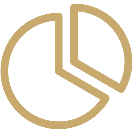 Gold outline graphic of a pie chart, with one segment separated from the rest.