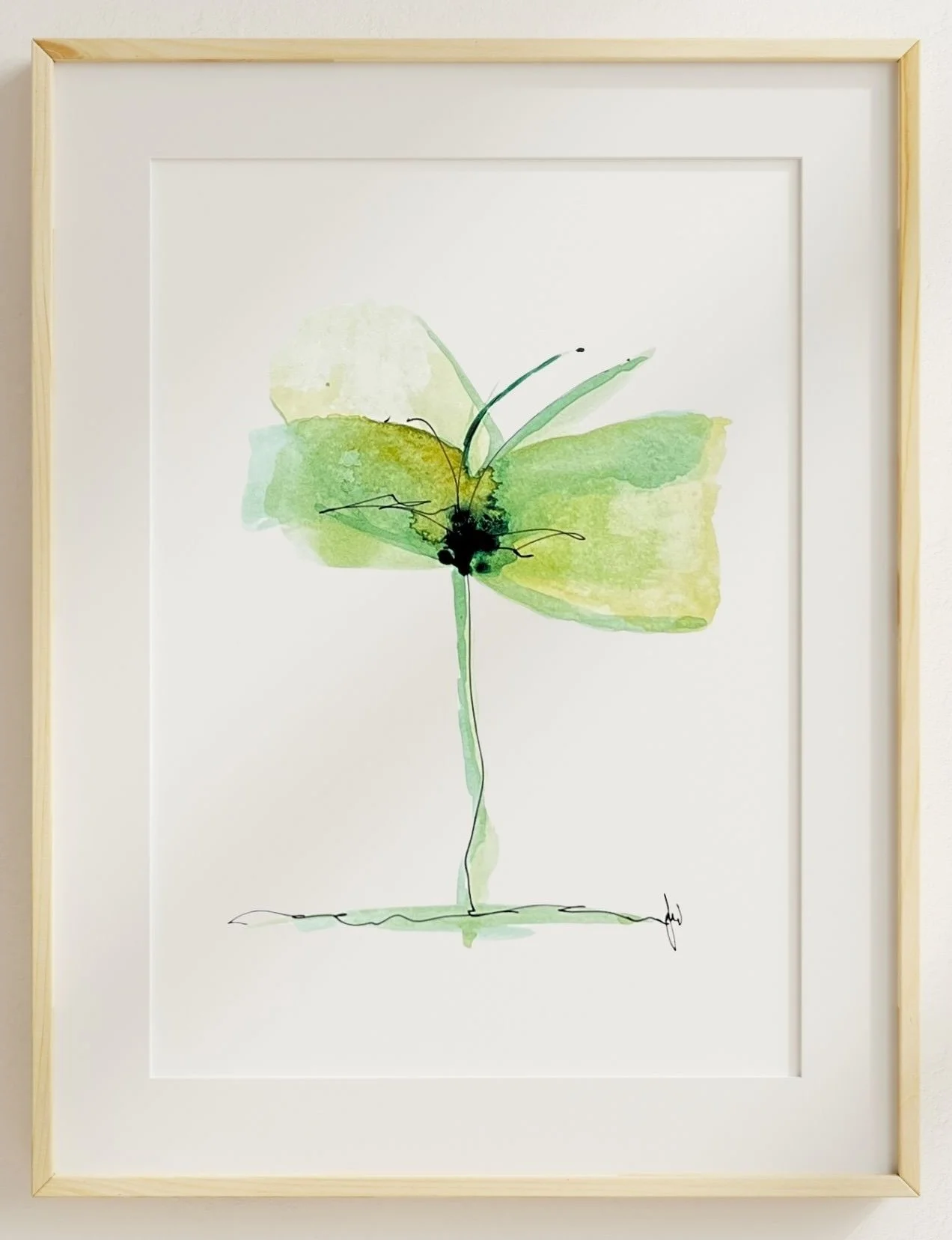 Original watercolor and ink flower painting in green tones by Olaf Wollmerstedt, framed in natural wood