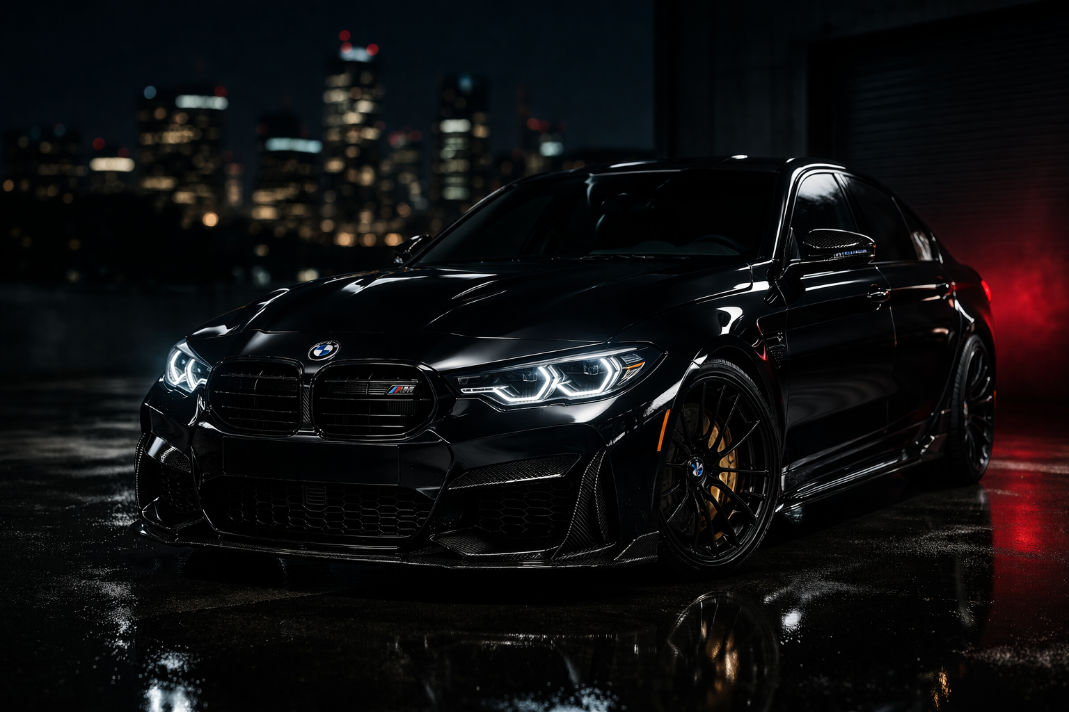 A black BMW M4 sports car parked outdoors at night with city lights in the background.