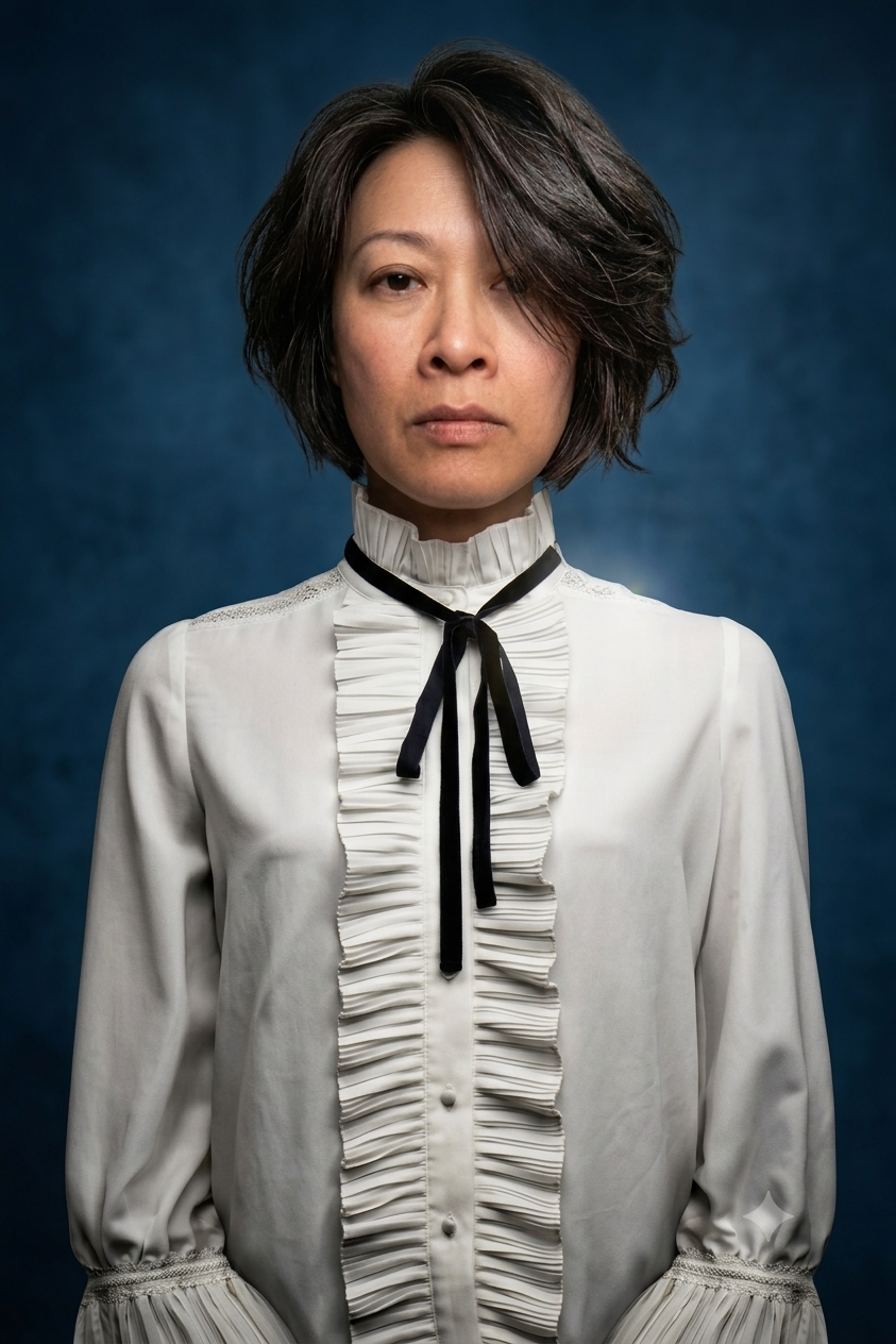 A woman with short dark hair and neutral expression wearing a white blouse with ruffled front and black ribbon tie, standing against a dark blue background.