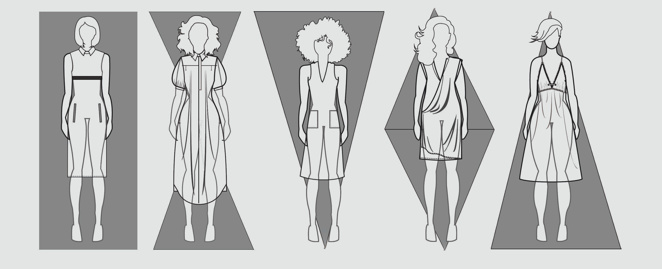 Line drawing of five different women's fashion outfits, each on a mannequin, with geometric colored backgrounds behind each outfit.