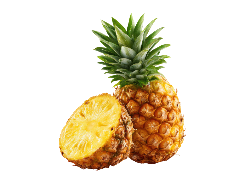 Whole pineapple with a slice cut out, showing its yellow flesh, on a black background.