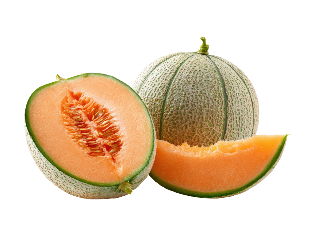 Fresh cantaloupe melon with one half cut open showing orange flesh and seeds, and a slice placed nearby.