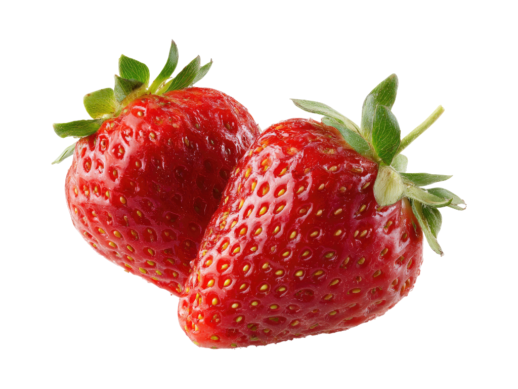 Two ripe strawberries with green leafy tops against a black background.