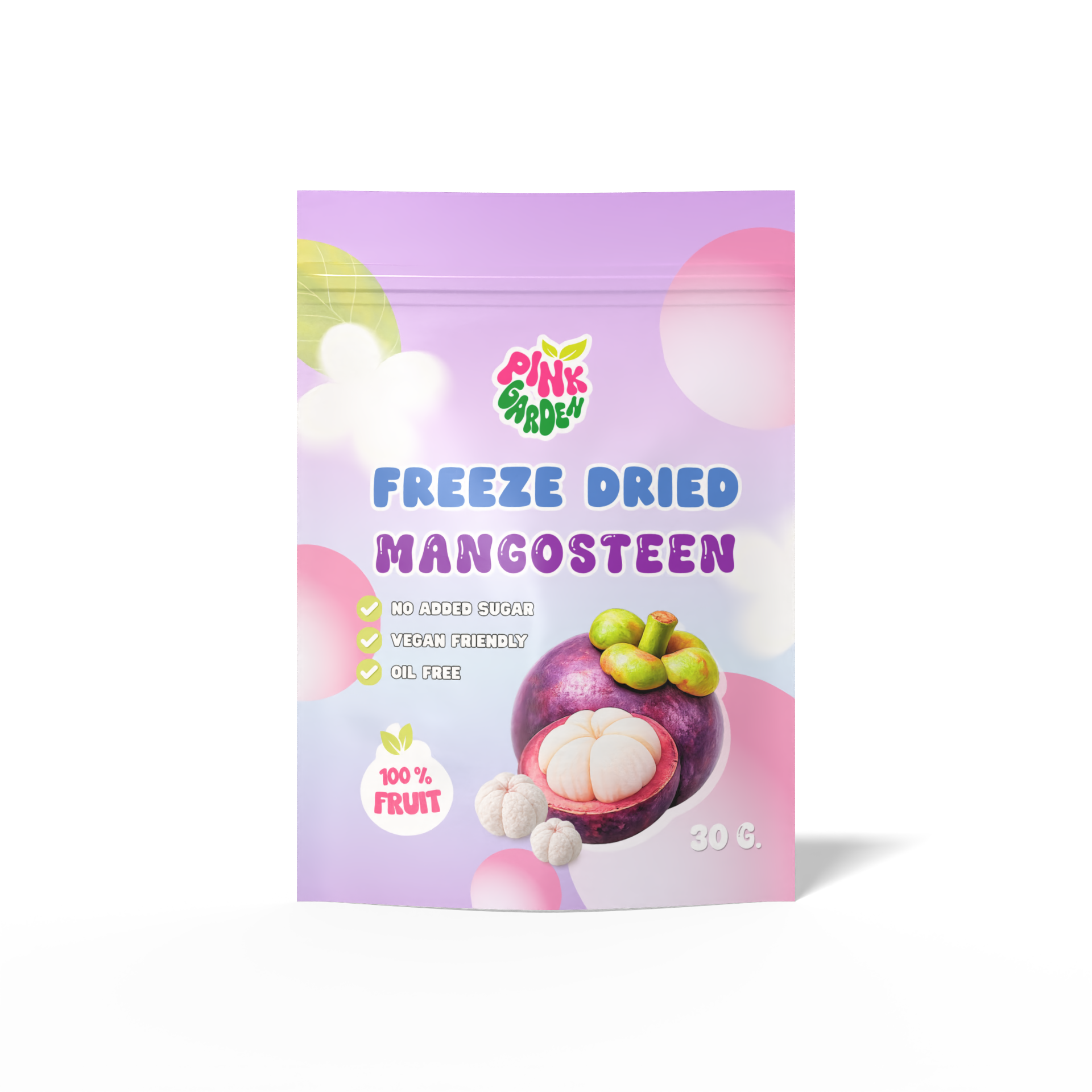 Packaging for Pink Garden freeze dried mangosteen, featuring a light purple background with colorful circles and images of mangosteen fruit, with text indicating no added sugar, vegan friendly, oil free, and 100% fruit content.
