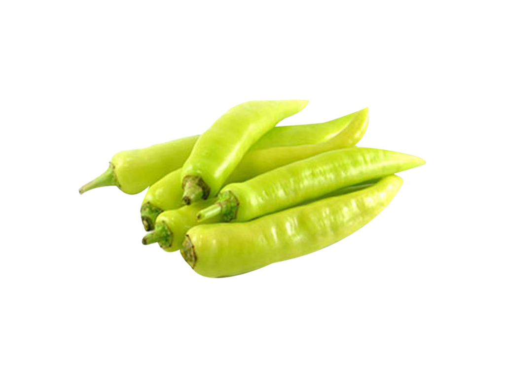 A group of five fresh, green banana peppers on a white background.