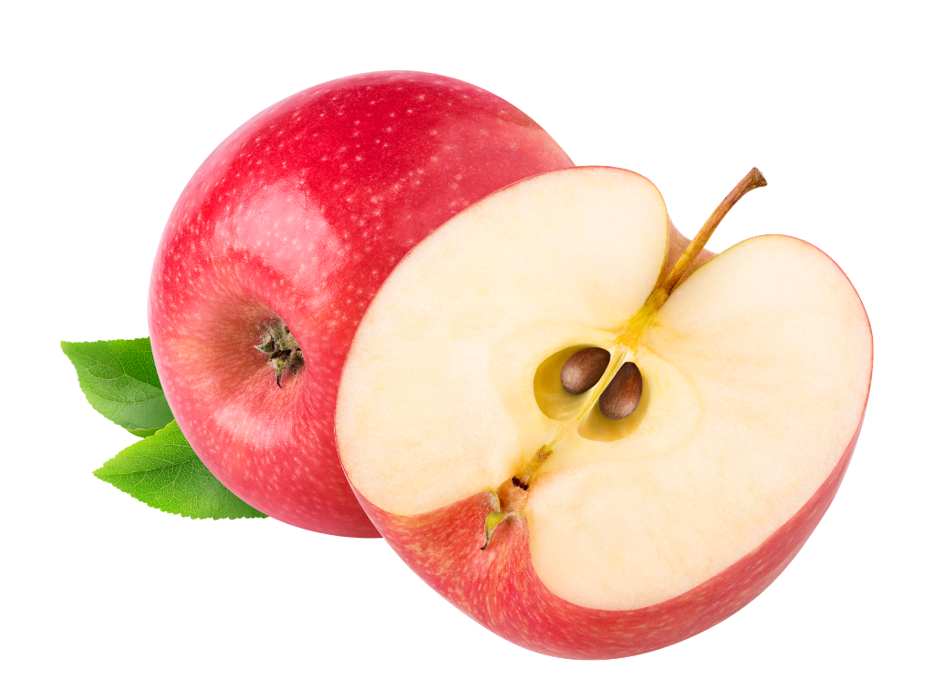 A whole red apple with green leaves and a slice showing the inside with seeds.