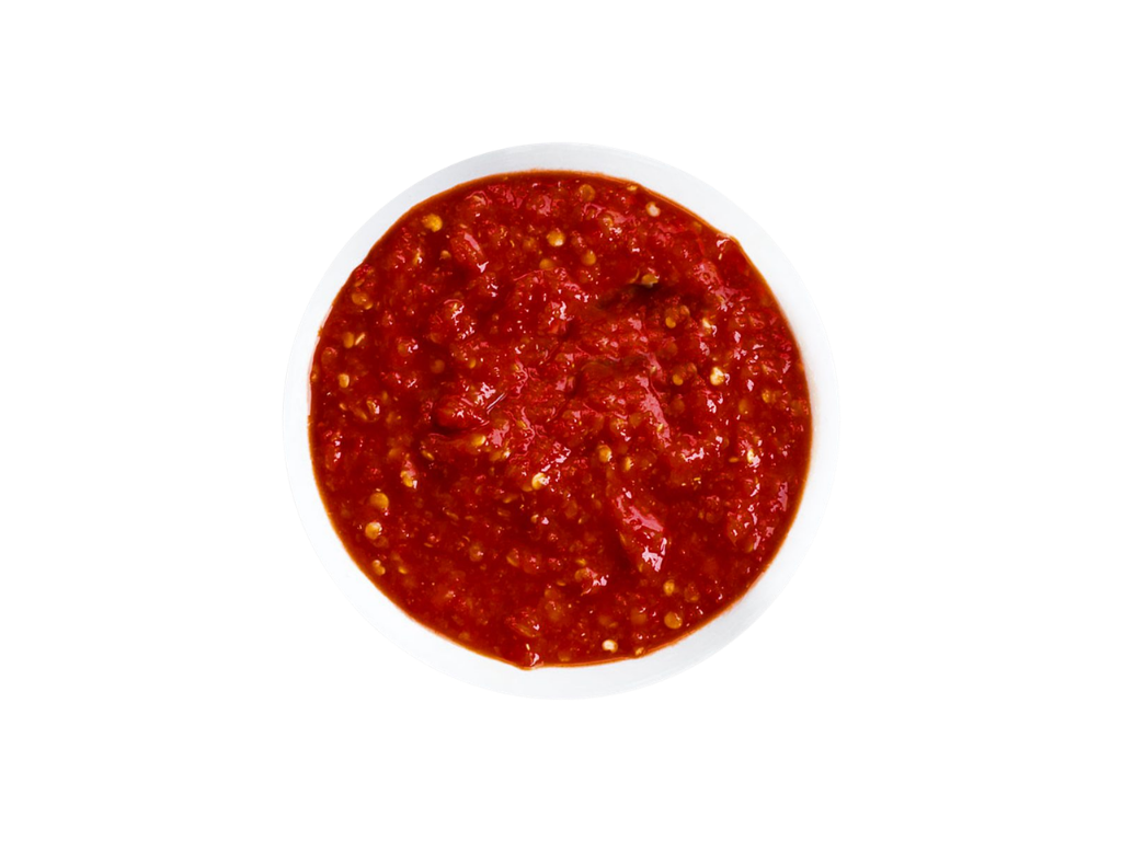 A bowl of red salsa with visible tomato and chili seed pieces.
