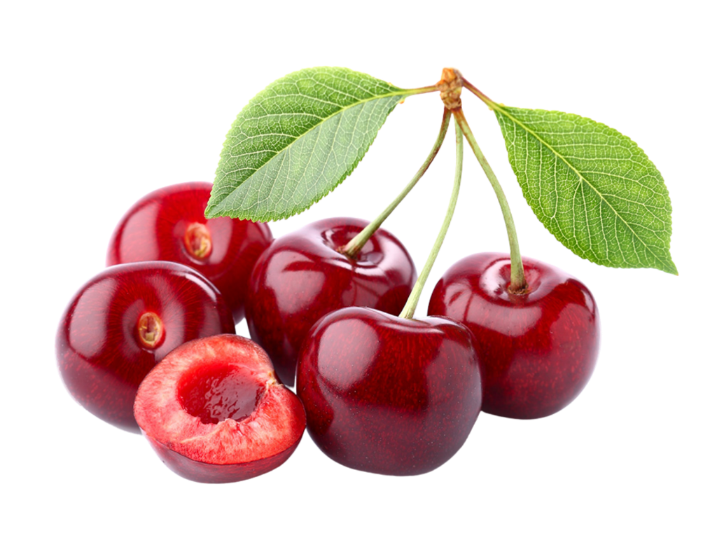 A group of ripe red cherries with green leaves, including one cherry cut in half showing the pit and red flesh.