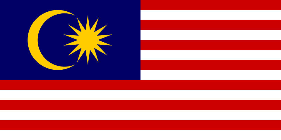 The flag of Malaysia with red and white stripes, a blue canton featuring a yellow crescent and a 14-point star.