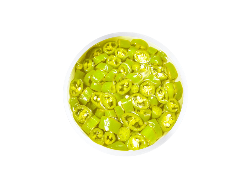A bowl of sliced green chili peppers in liquid.