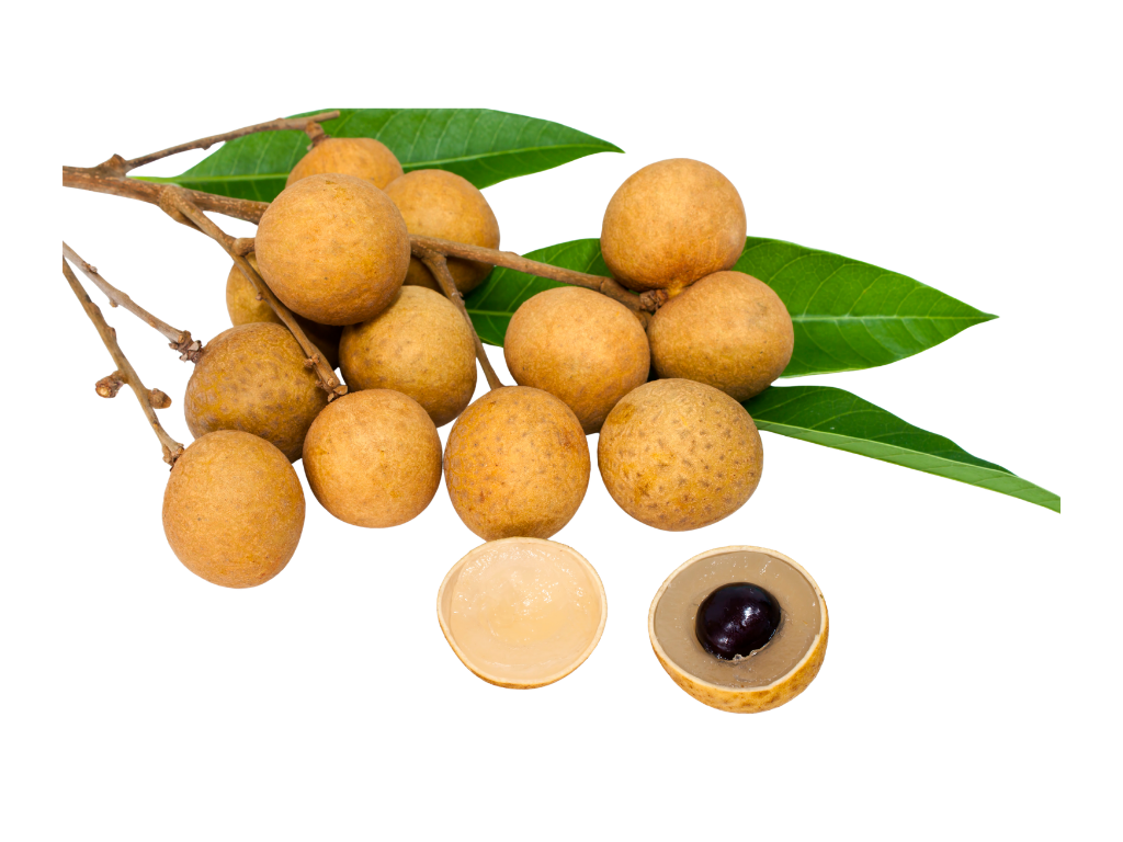 A cluster of longan fruits with green leaves, showing both the outer shells and peeled fruit with black seeds inside.