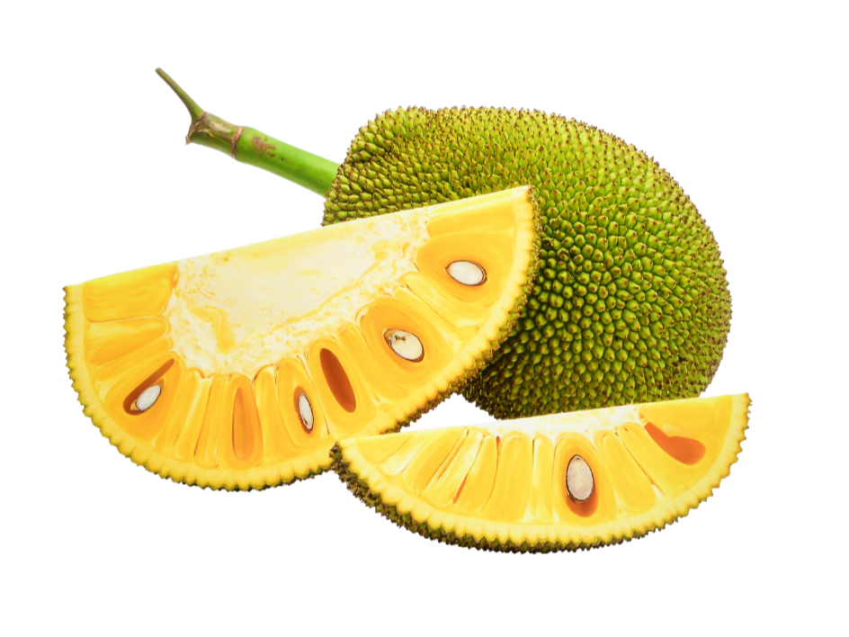 A whole durian fruit with yellow flesh and seeds, with two slices showing the interior and spiky green exterior.