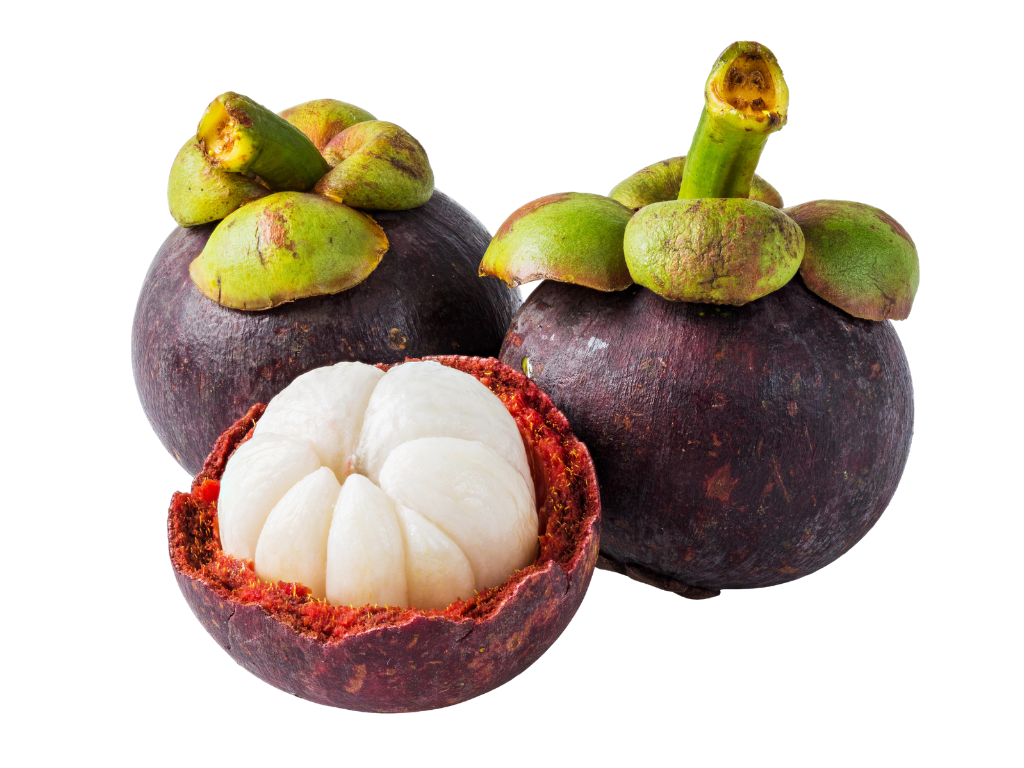 Three ripe mangosteens, one cut open showing the white flesh inside.