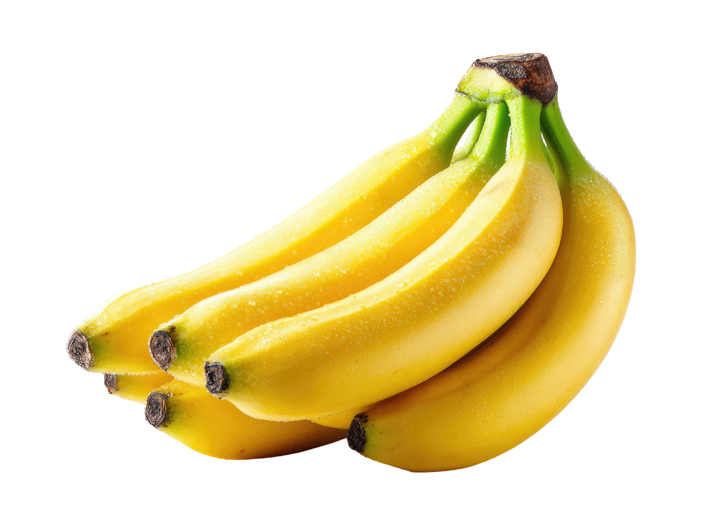 A bunch of ripe yellow bananas with green stems and brown tips on a black background.