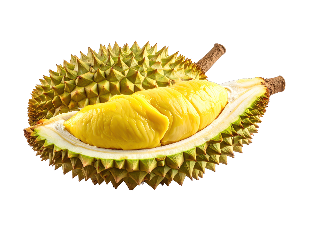 Durian fruit with a portion cut open showing yellow flesh inside.