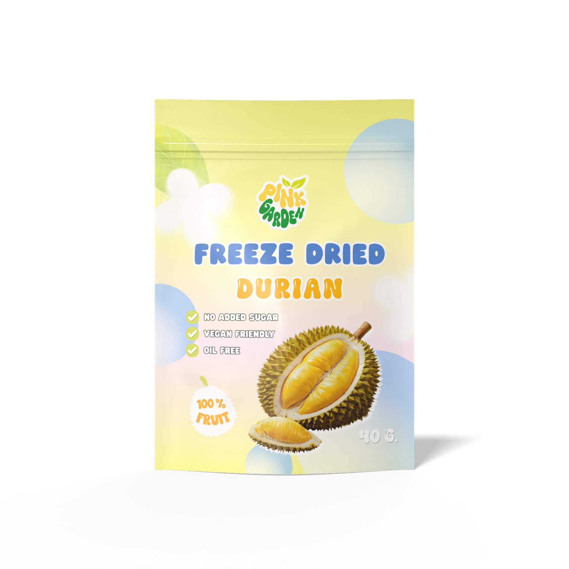 Packaging of freeze-dried durian fruit with tropical design, green and yellow background, featuring a durian illustration and text highlighting its qualities.
