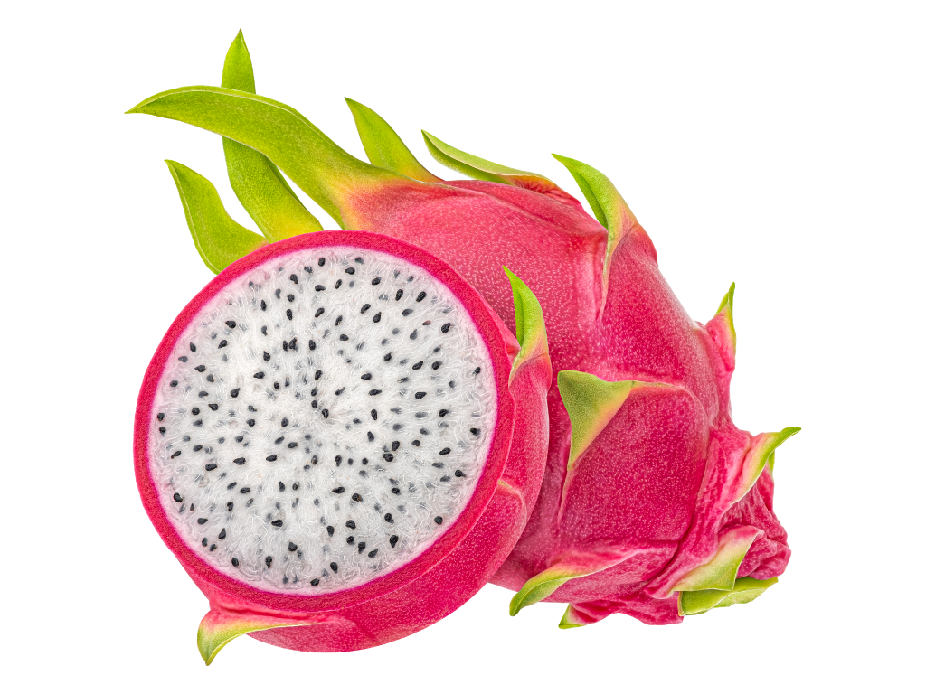 A whole dragon fruit with bright pink skin and green leafy tips, sliced in half to reveal white flesh with small black seeds inside.
