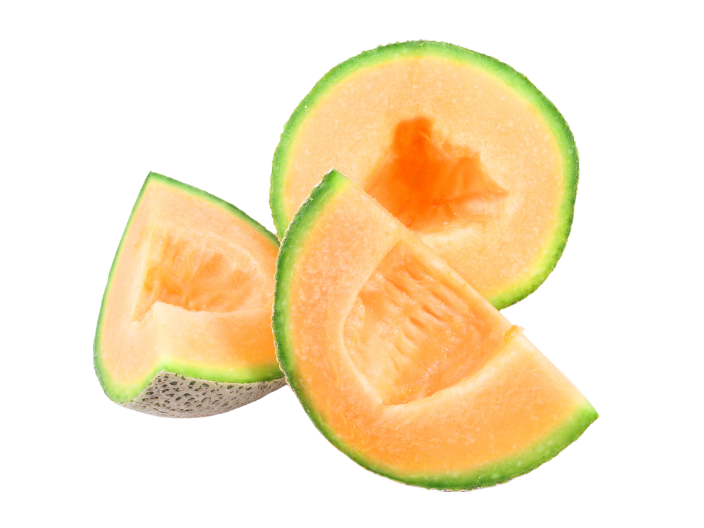 Slices of cantaloupe melon with orange flesh and green rind.