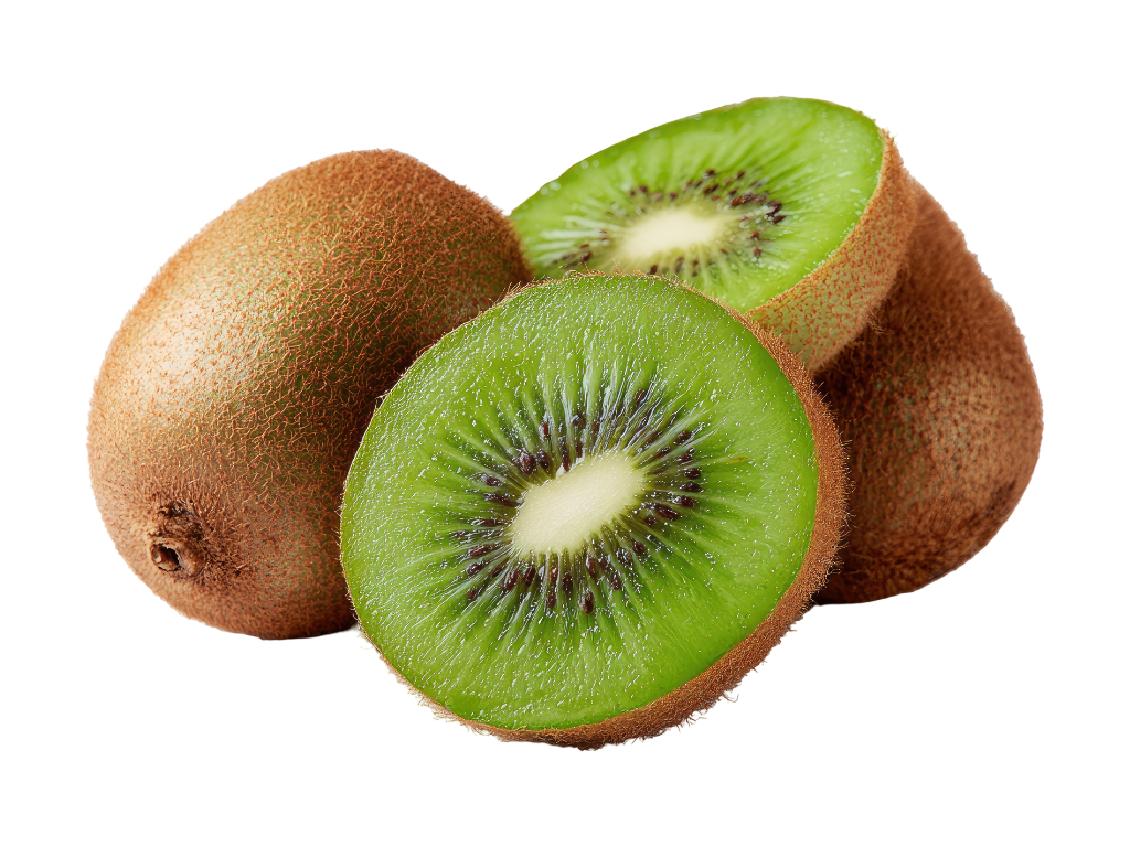 Two whole kiwis and one kiwi cut in half showing green flesh and black seeds
