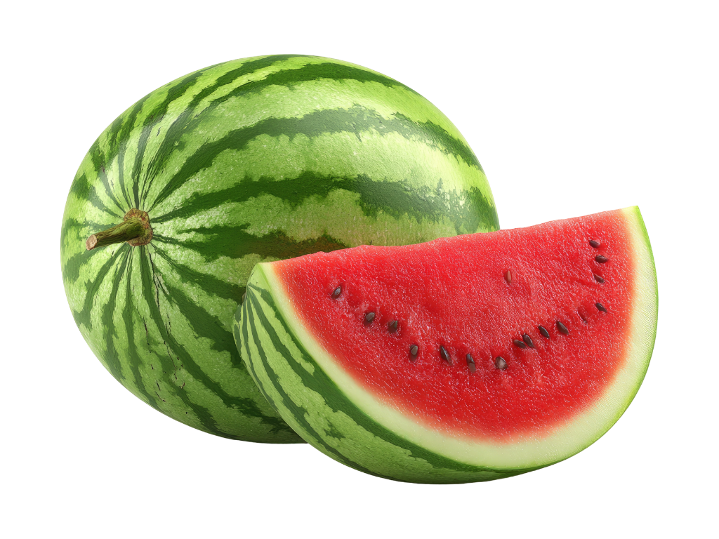 Whole watermelon and a slice of watermelon showing red flesh and black seeds.