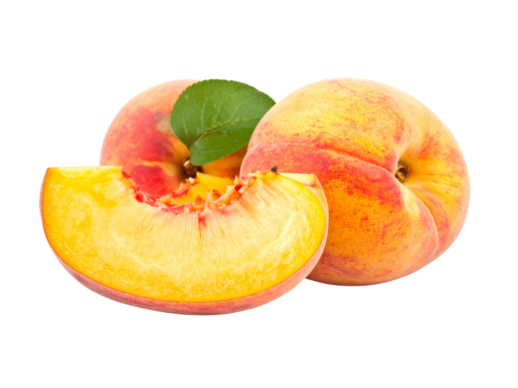 Two whole peaches and one peach slice with a green leaf, on a white background.